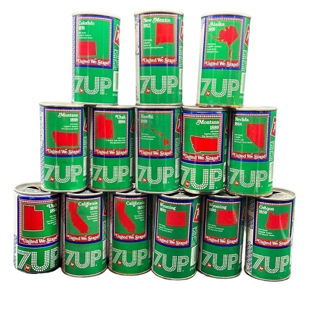 Vintage 7UP Cans United We Stand Lot of 14 Western States Empty Movie Props